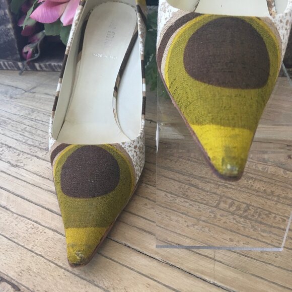 Miu Miu Gold Brown and Green Fabric High Heels Size 35 1/2 (but fit like size 6) - Picture 4 of 10